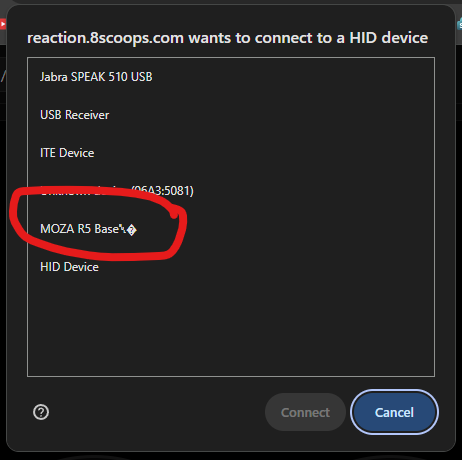 Chrome HID device picker showing a list of devices with MOZA R5 Base circled